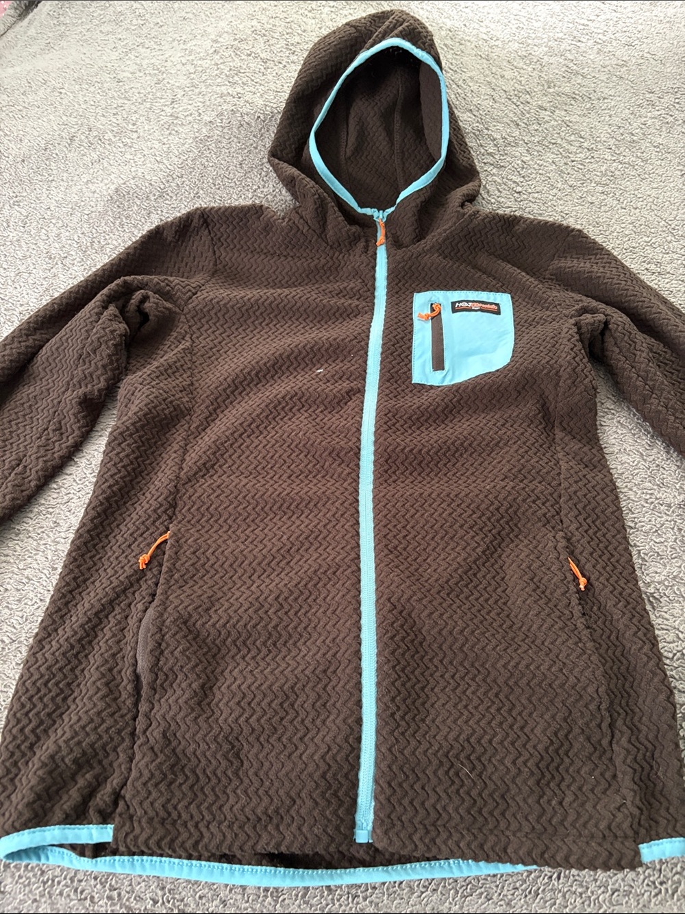 Womans Hooded Fleece Jacket in Brown with Light Blue Trim